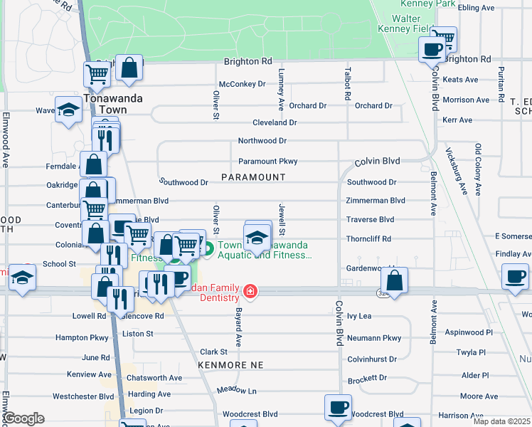 map of restaurants, bars, coffee shops, grocery stores, and more near 273 Traverse Boulevard in Buffalo