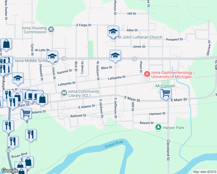 map of restaurants, bars, coffee shops, grocery stores, and more near 335 East Washington Street in Ionia