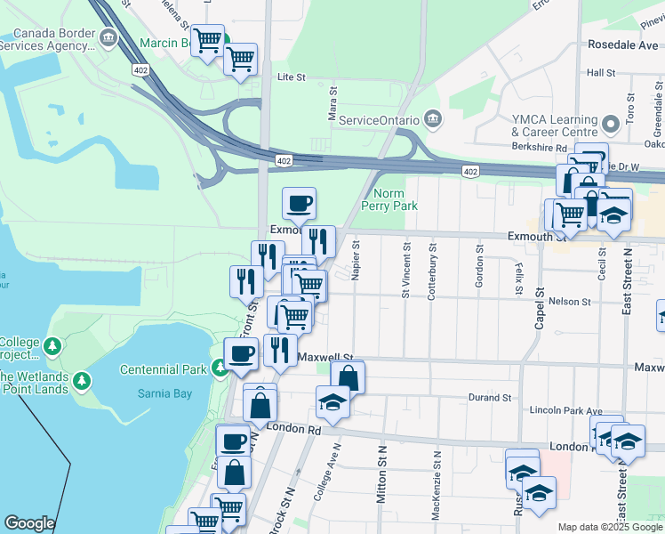 map of restaurants, bars, coffee shops, grocery stores, and more near 546 Christina Street North in Sarnia