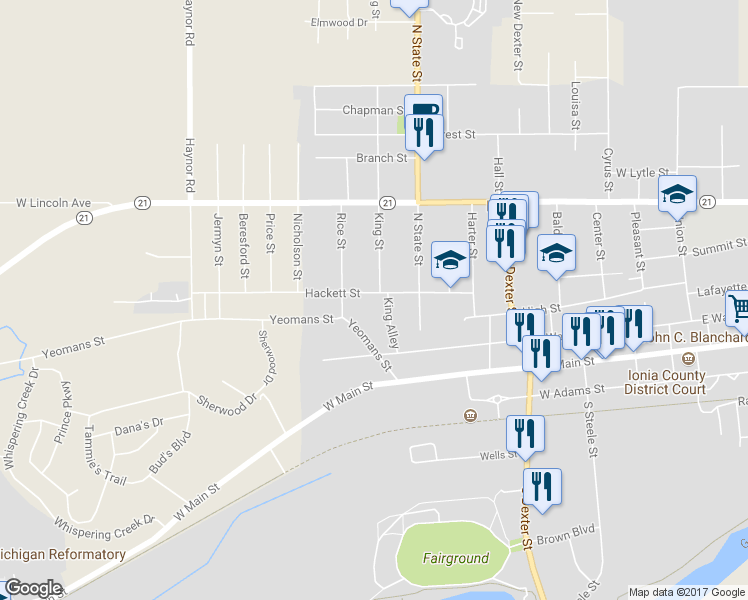 map of restaurants, bars, coffee shops, grocery stores, and more near 801 Hackett Street in Ionia