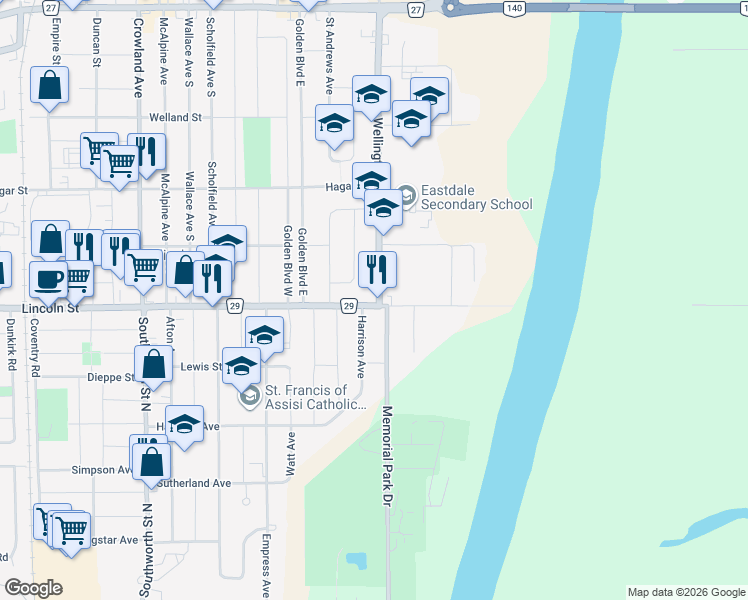 map of restaurants, bars, coffee shops, grocery stores, and more near in Welland