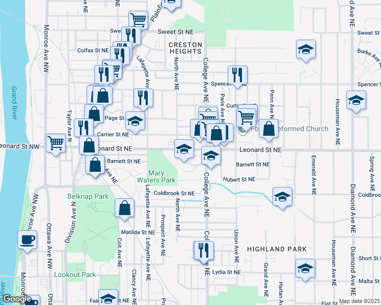 map of restaurants, bars, coffee shops, grocery stores, and more near 410 Barnett Street Northeast in Grand Rapids