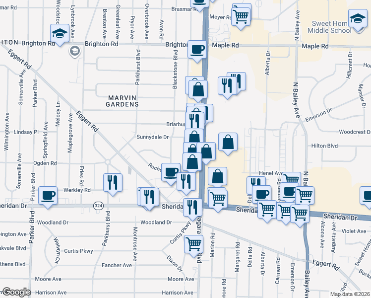map of restaurants, bars, coffee shops, grocery stores, and more near 111 Blackstone Boulevard in Tonawanda