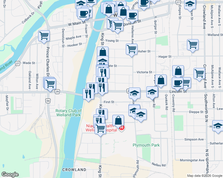 map of restaurants, bars, coffee shops, grocery stores, and more near 186 Lincoln Street in Welland