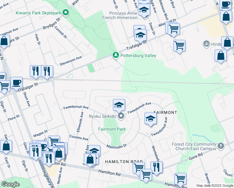 map of restaurants, bars, coffee shops, grocery stores, and more near 121 Queenston Crescent in London