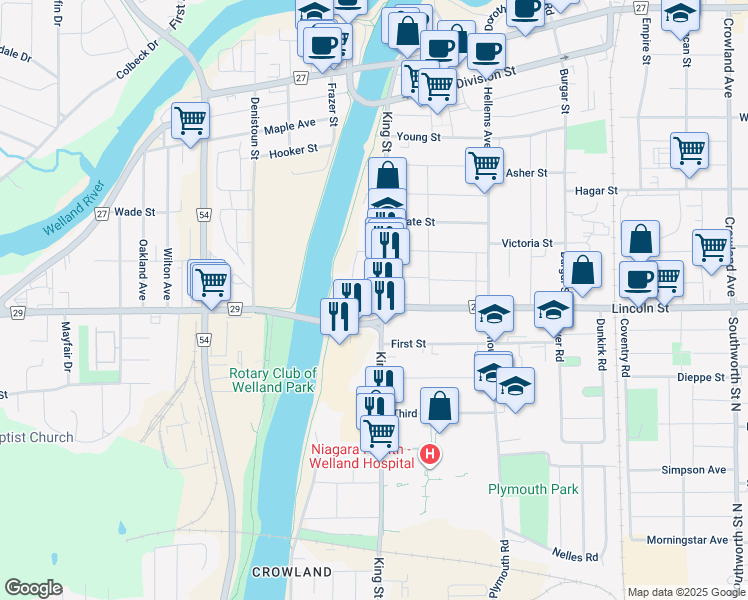 map of restaurants, bars, coffee shops, grocery stores, and more near 384 King Street in Welland