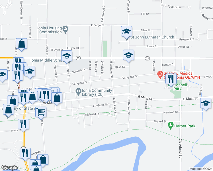 map of restaurants, bars, coffee shops, grocery stores, and more near 270 East Washington Street in Ionia