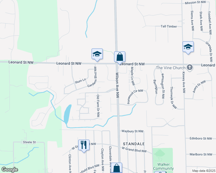 map of restaurants, bars, coffee shops, grocery stores, and more near 1101 Wilson Avenue Northwest in Walker