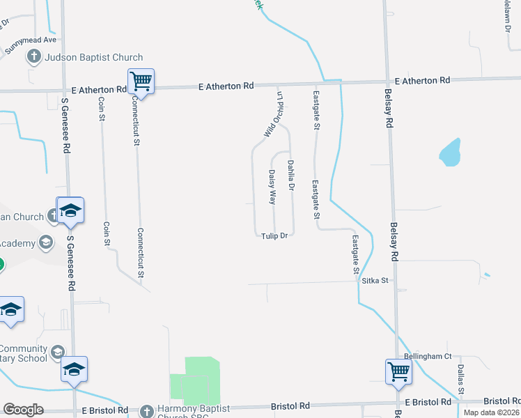 map of restaurants, bars, coffee shops, grocery stores, and more near 3192 Daisy Way in Burton