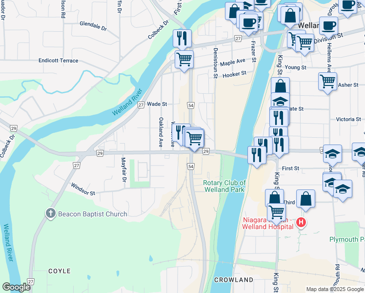 map of restaurants, bars, coffee shops, grocery stores, and more near 2 Kline's Avenue in Welland