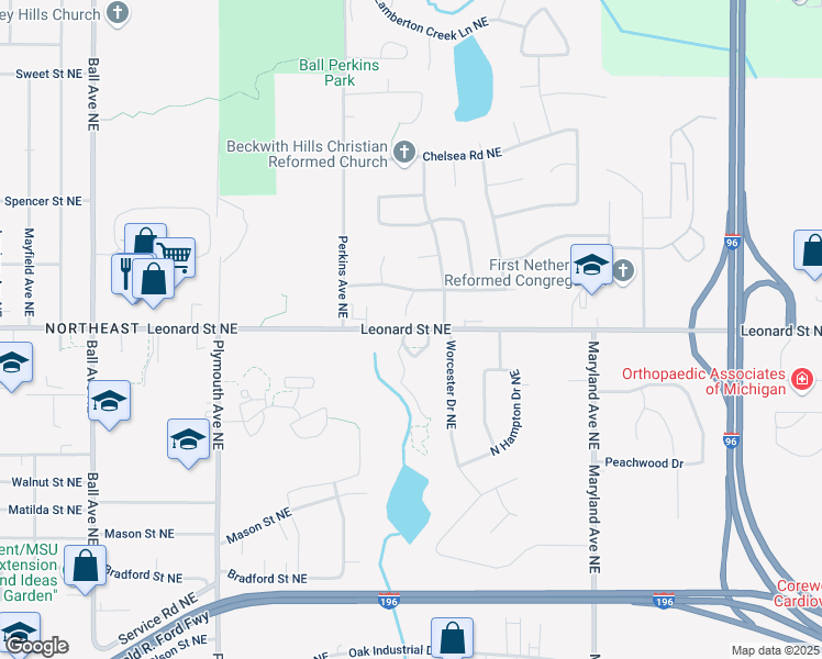 map of restaurants, bars, coffee shops, grocery stores, and more near 2106 Leonard Street Northeast in Grand Rapids