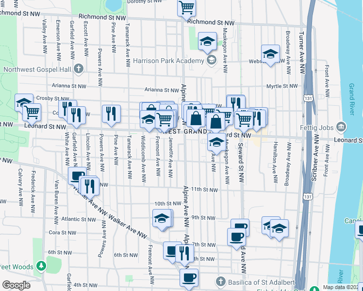 map of restaurants, bars, coffee shops, grocery stores, and more near 1135 Alpine Avenue Northwest in Grand Rapids