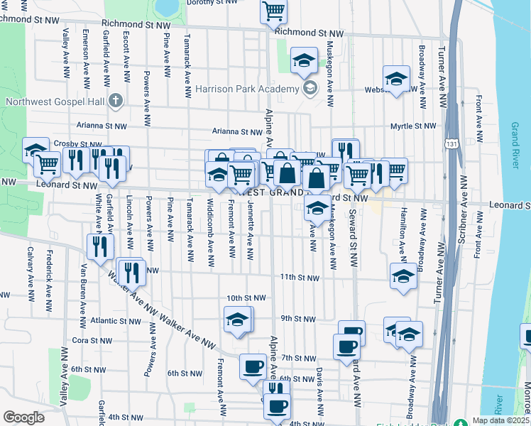 map of restaurants, bars, coffee shops, grocery stores, and more near 1135 Alpine Avenue Northwest in Grand Rapids