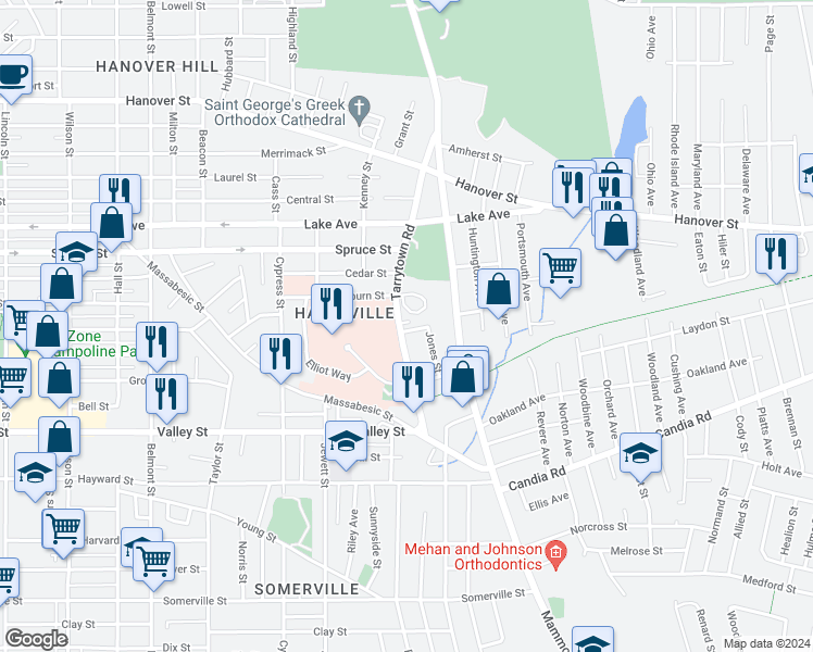 map of restaurants, bars, coffee shops, grocery stores, and more near 60 Jones Street in Manchester