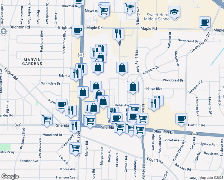 map of restaurants, bars, coffee shops, grocery stores, and more near 422 Delta Road in Buffalo