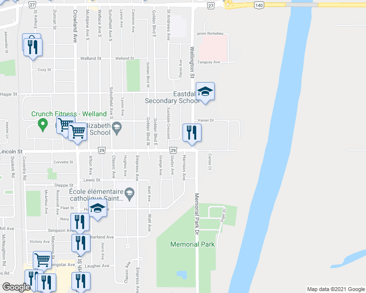 map of restaurants, bars, coffee shops, grocery stores, and more near in Welland