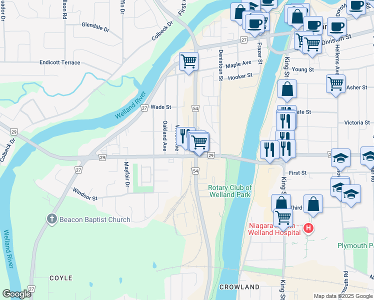 map of restaurants, bars, coffee shops, grocery stores, and more near 2 Kline's Avenue in Welland