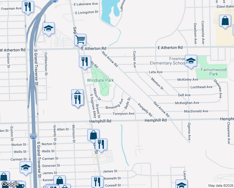 map of restaurants, bars, coffee shops, grocery stores, and more near 4543 Milton Drive in Flint