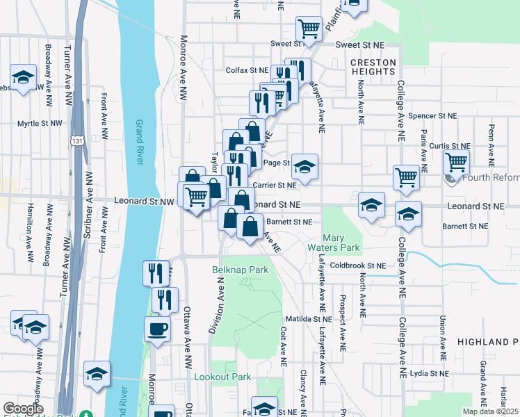 map of restaurants, bars, coffee shops, grocery stores, and more near 1141 Gill Avenue Northeast in Grand Rapids