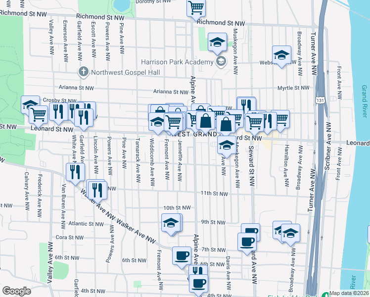 map of restaurants, bars, coffee shops, grocery stores, and more near 1116 Jennette Avenue Northwest in Grand Rapids