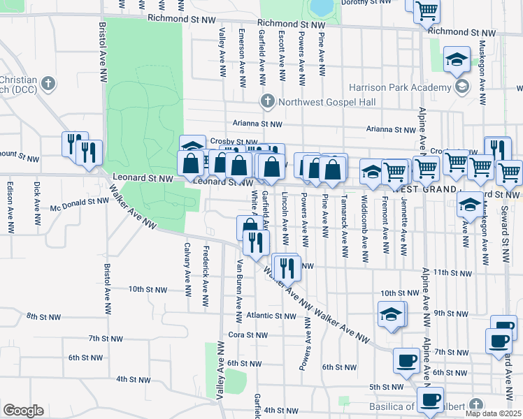 map of restaurants, bars, coffee shops, grocery stores, and more near 1070 White Avenue Northwest in Grand Rapids