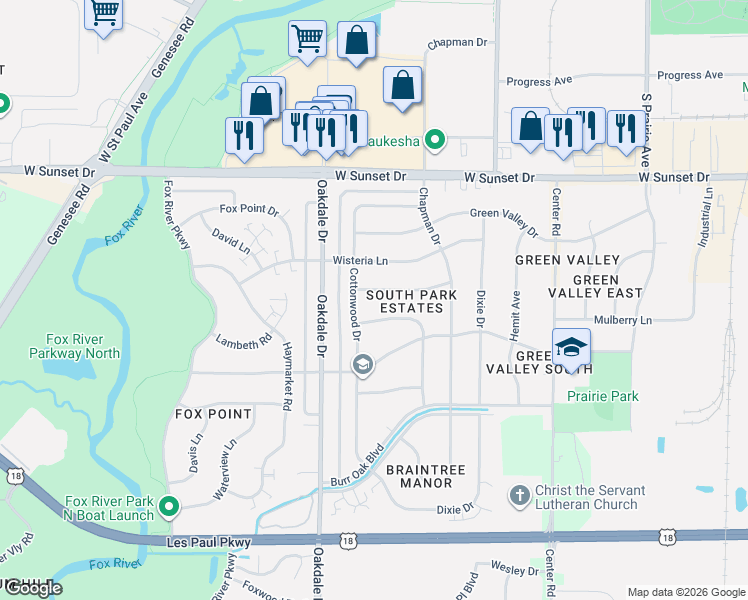 map of restaurants, bars, coffee shops, grocery stores, and more near 1702 Sycamore Drive in Waukesha