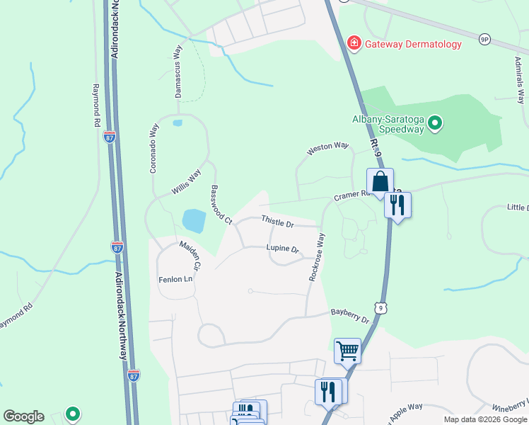 map of restaurants, bars, coffee shops, grocery stores, and more near 21 Thistle Drive in Ballston Spa