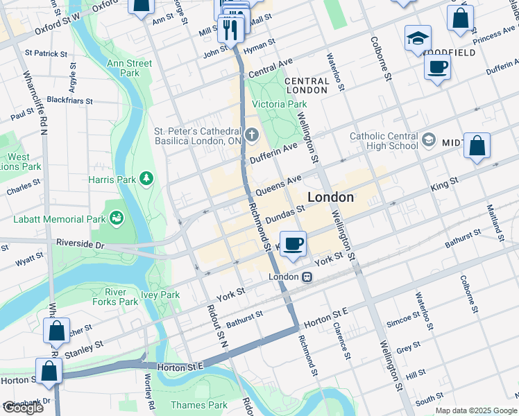 map of restaurants, bars, coffee shops, grocery stores, and more near in London