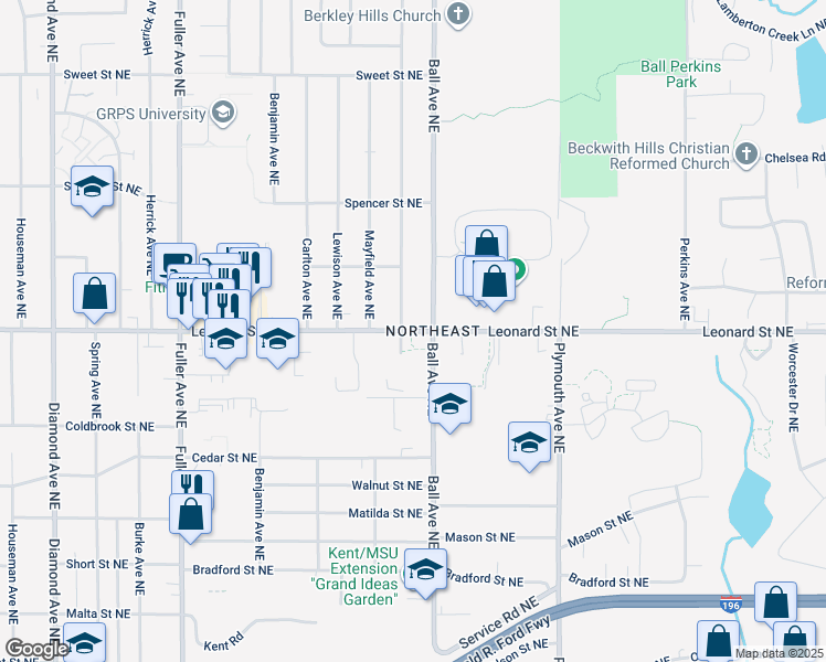 map of restaurants, bars, coffee shops, grocery stores, and more near Leonard Street Northeast in Grand Rapids