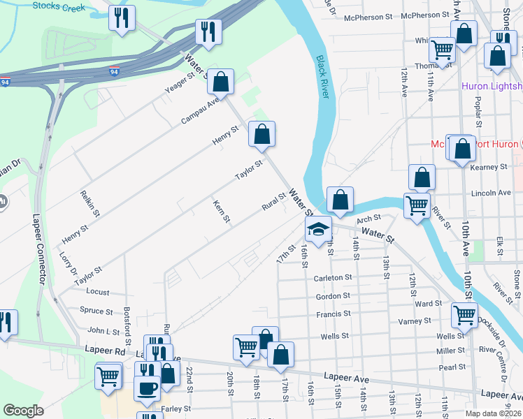 map of restaurants, bars, coffee shops, grocery stores, and more near 106 Rural Street in Port Huron