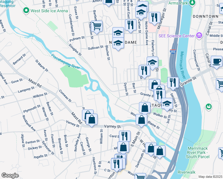map of restaurants, bars, coffee shops, grocery stores, and more near 399 Douglas Street in Manchester