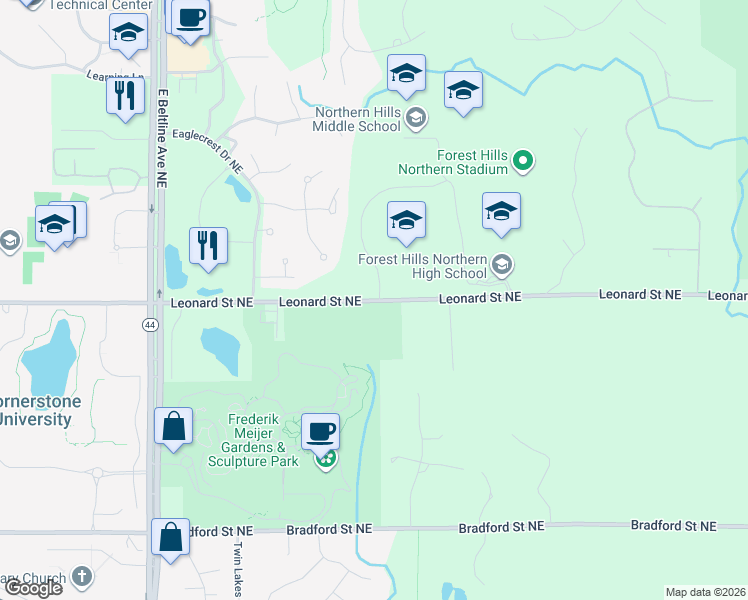 map of restaurants, bars, coffee shops, grocery stores, and more near 3777 Leonard Street Northeast in Grand Rapids