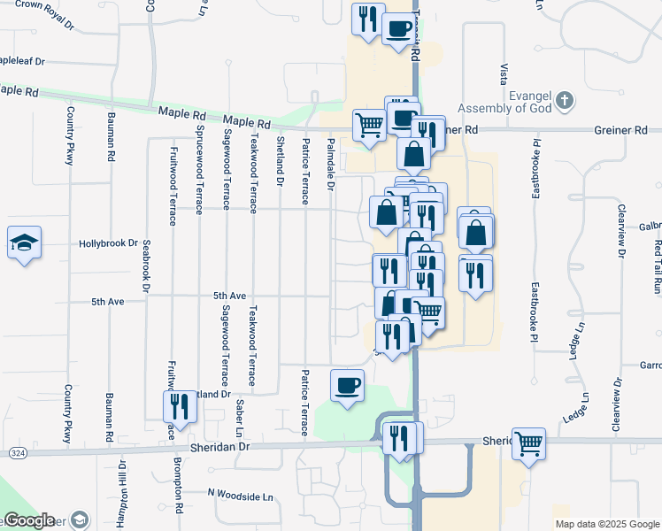 map of restaurants, bars, coffee shops, grocery stores, and more near 207 Palmdale Drive in Buffalo