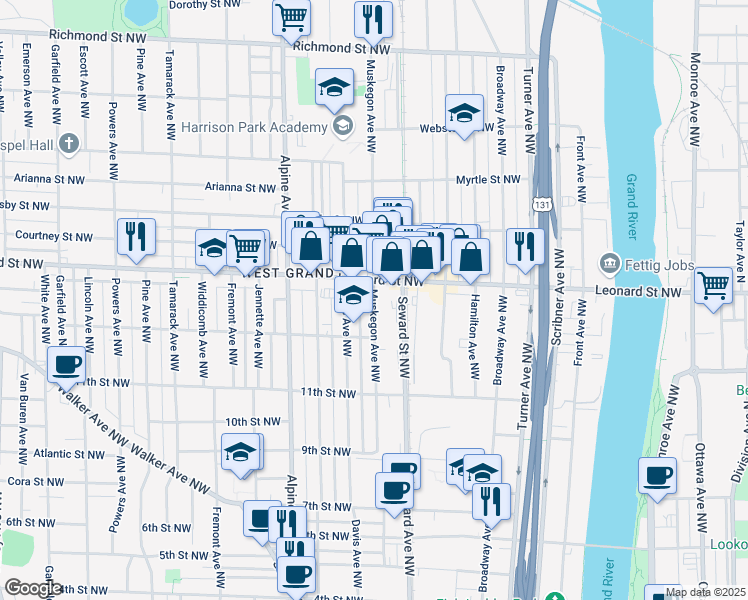 map of restaurants, bars, coffee shops, grocery stores, and more near 1144 Muskegon Avenue Northwest in Grand Rapids