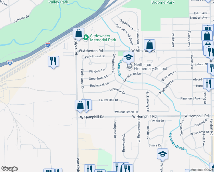 map of restaurants, bars, coffee shops, grocery stores, and more near 1826 Lynbrook Drive in Flint