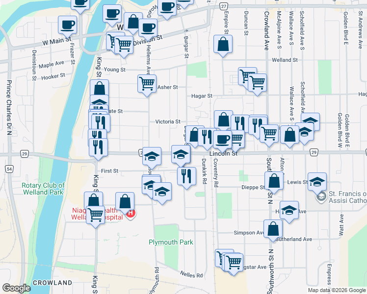 map of restaurants, bars, coffee shops, grocery stores, and more near 4 Dover Road in Welland