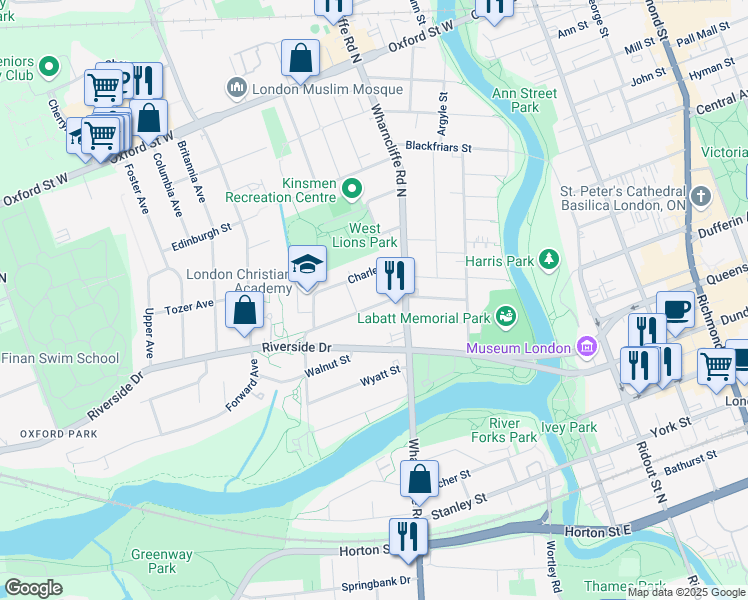 map of restaurants, bars, coffee shops, grocery stores, and more near 125 Mount Pleasant Avenue in London