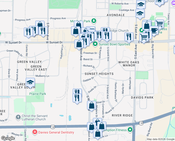 map of restaurants, bars, coffee shops, grocery stores, and more near 1635 Victoria Drive in Waukesha