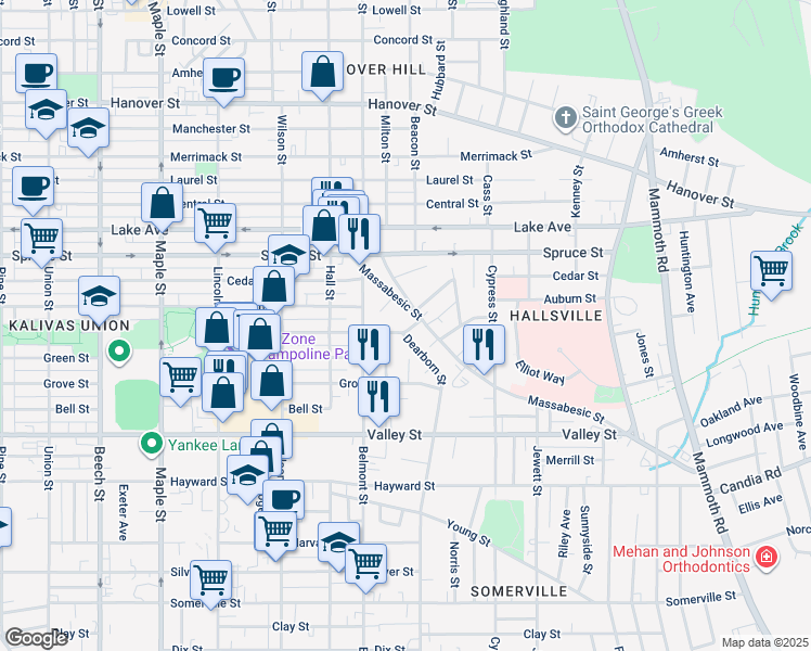 map of restaurants, bars, coffee shops, grocery stores, and more near 9 Dearborn Street in Manchester