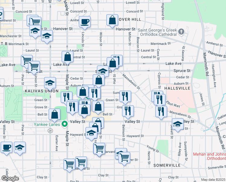 map of restaurants, bars, coffee shops, grocery stores, and more near 651 Summer Street in Manchester