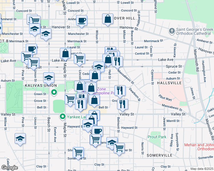 map of restaurants, bars, coffee shops, grocery stores, and more near 651 Summer Street in Manchester