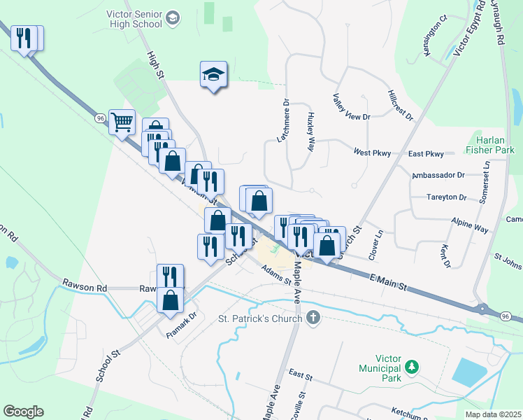 map of restaurants, bars, coffee shops, grocery stores, and more near 86 West Main Street in Victor