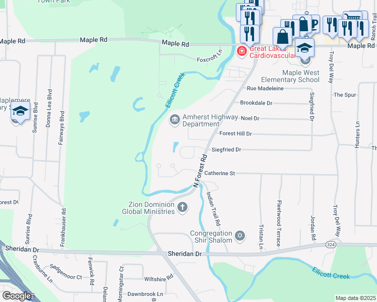 map of restaurants, bars, coffee shops, grocery stores, and more near 1000 North Forest Road in Buffalo