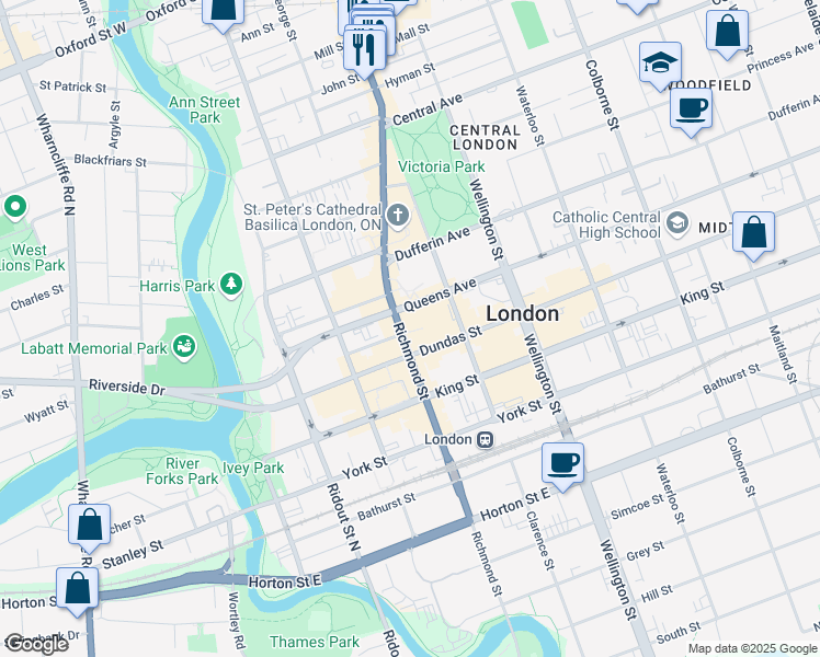 map of restaurants, bars, coffee shops, grocery stores, and more near in London