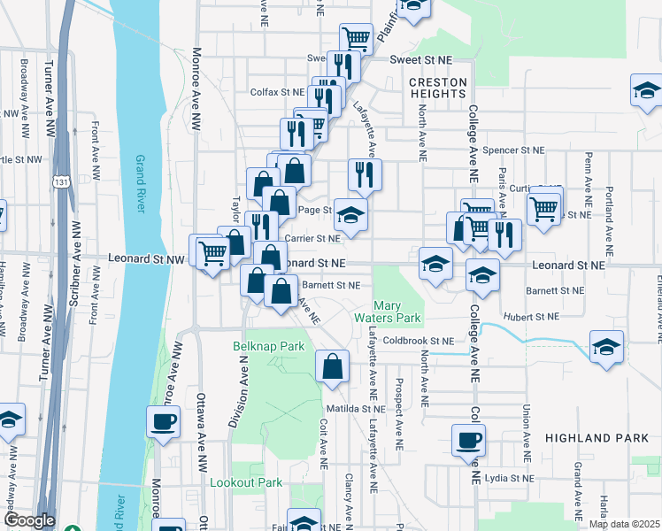 map of restaurants, bars, coffee shops, grocery stores, and more near 223 Barnett Street Northeast in Grand Rapids