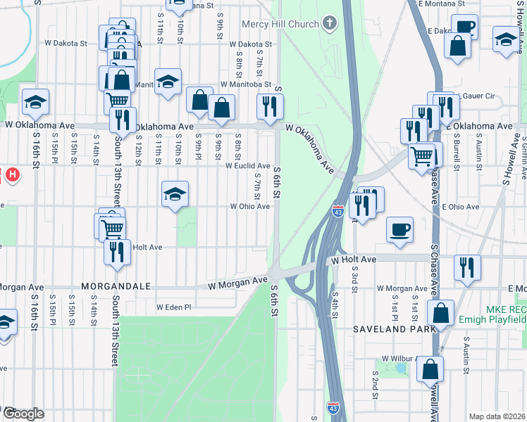map of restaurants, bars, coffee shops, grocery stores, and more near 3329 South 6th Street in Milwaukee