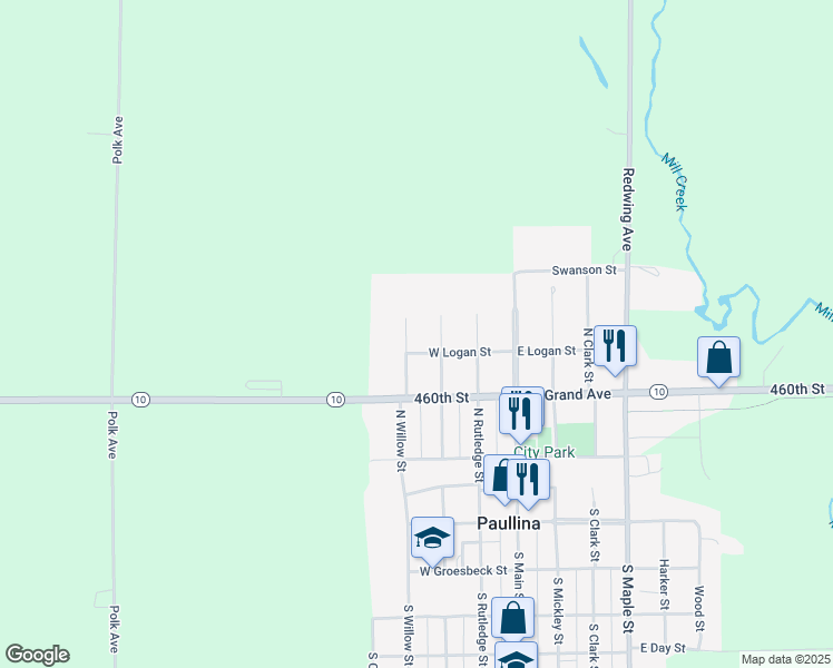 map of restaurants, bars, coffee shops, grocery stores, and more near 300-398 West Logan Street in Paullina
