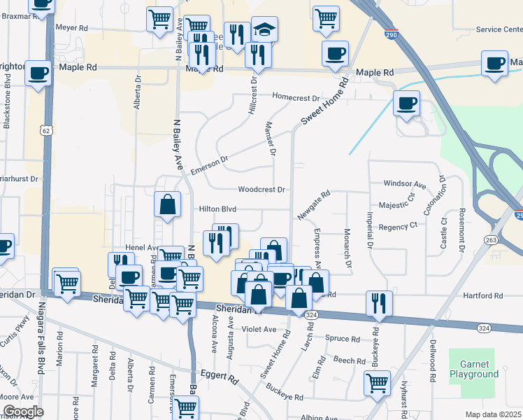 map of restaurants, bars, coffee shops, grocery stores, and more near 107 Hilton Boulevard in Buffalo