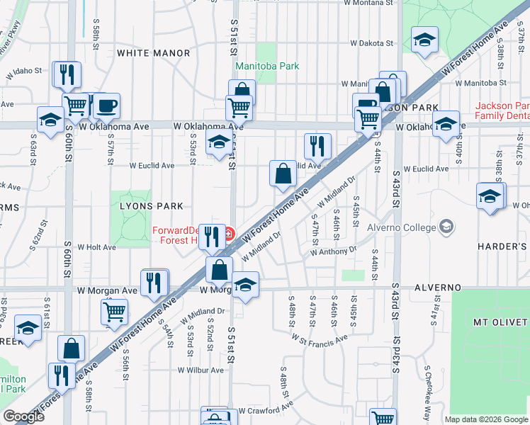 map of restaurants, bars, coffee shops, grocery stores, and more near 4914 West Forest Home Avenue in Milwaukee
