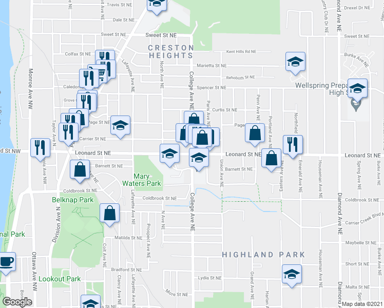 map of restaurants, bars, coffee shops, grocery stores, and more near Leonard Street Northeast & College Avenue Northeast in Grand Rapids